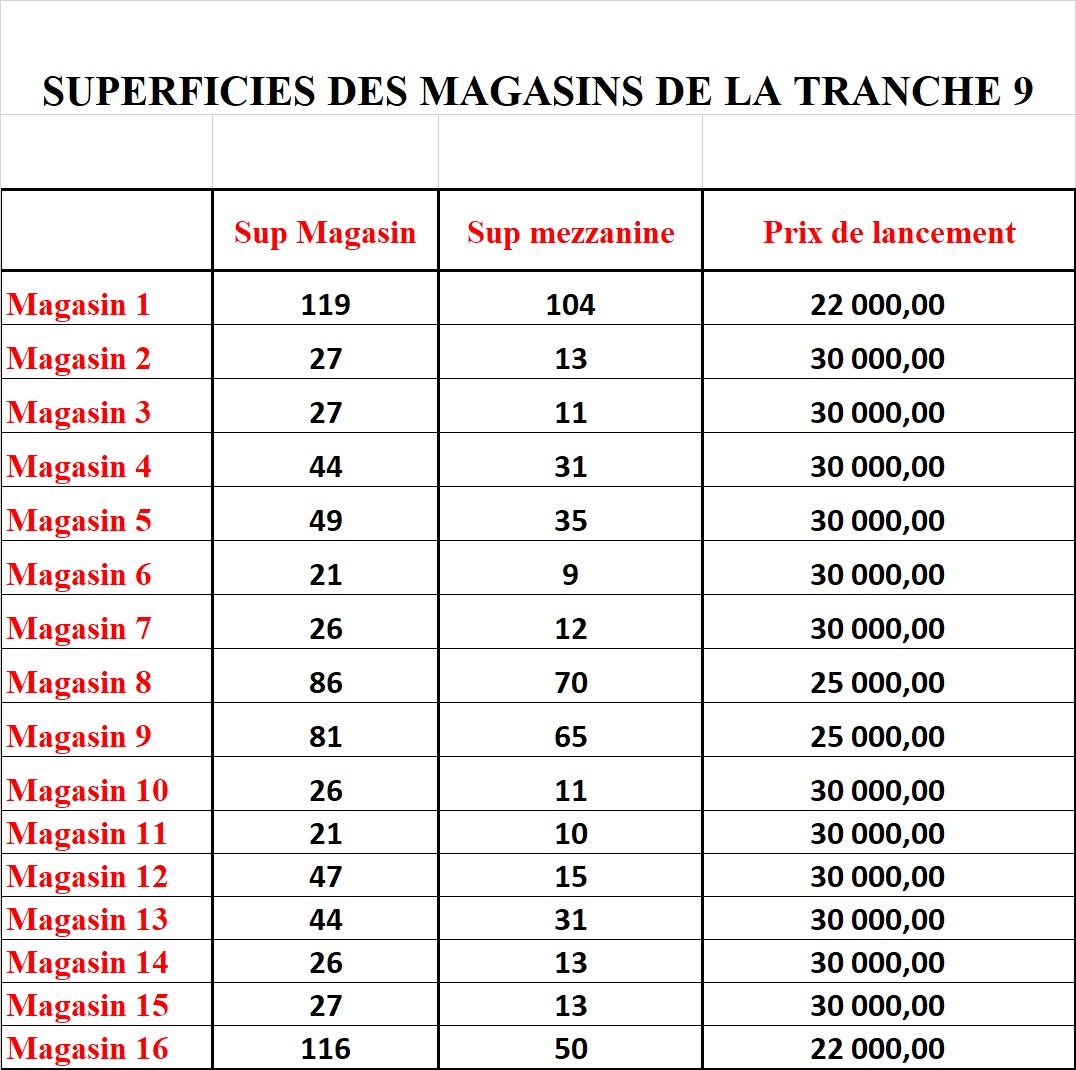 SUPERFICIE ET PRIX DE LANCEMENT DES MAGASINS DE LA TRANCHE 9
